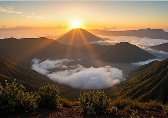 Fototapeta premium A breathtaking view of Mount Bromo at sunrise, with golden light illuminating the mist-filled caldera, highlighting the volcanic peaks and lush greenery in the background, captured with dramatic depth