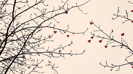 Obraz premium Red heart shapes on branches over a light pink background, creating a sweet Valentine's Day setting.