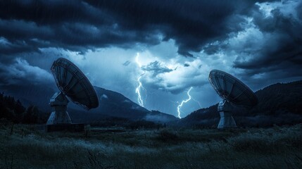 Obraz premium Stormy Night at the Radio Telescope Observatory