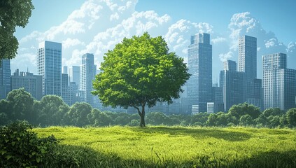 Obraz premium Urban Greenery: A Single Tree Stands Tall Amidst City Skyscrapers on a Sunny Day
