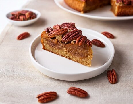 Generated image a slice of pecan cake on a white plate, national pecan cake day
