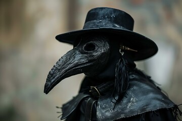 Close up of plague doctor costume, featuring distinctive bird mask, black hat, and dark clothing, evoking historical medical practices