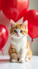  one kitten sitting on white table with many red heart-shaped balloons in the background concept of love, Valentine's Day, pet care