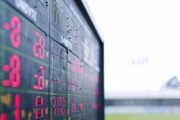 Cricket scoreboard showing team performance in a professional match setting.