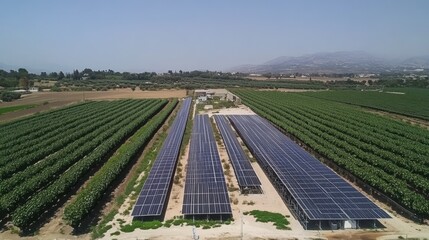 Aerial View of Solar Panels Installed in Vineyard Landscape