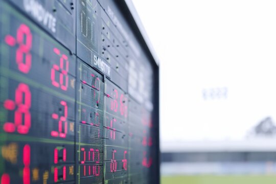 Cricket scoreboard showing team performance in a professional match setting. - Powered by Adobe