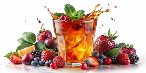 Iced Fruit Tea Splash, Glass, Berries, White Background