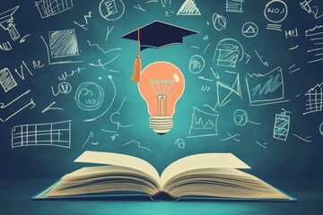 Online learning concept with graduation cap, light bulb, and educational icons over open book