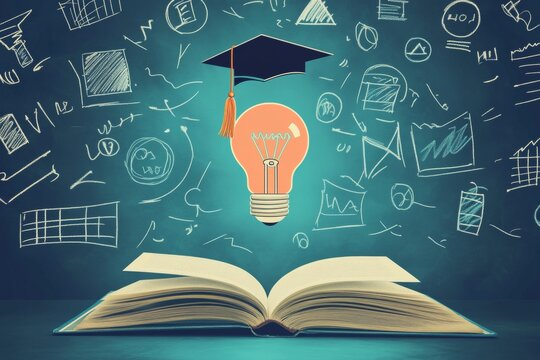 Online learning concept with graduation cap, light bulb, and educational icons over open book