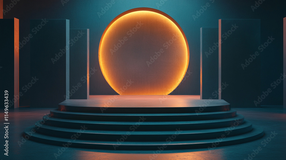 Poster warm glowing circle on a stage with steps in a darkened setting.