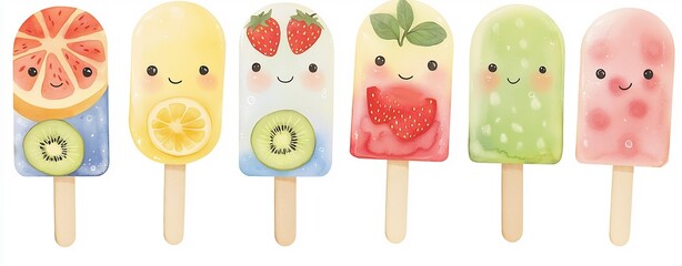 Assorted Colorful Fruit and Dessert Popsicles in Cartoon Style
