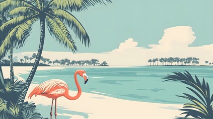 Flamingo on Tropical Beach Paradise Scene