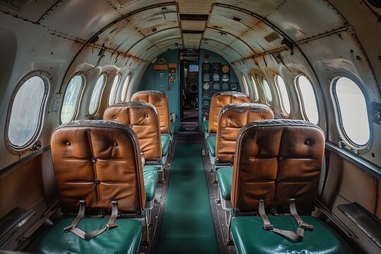 Rows of worn leather and vinyl seats line the inside of an abandoned and decaying airplane