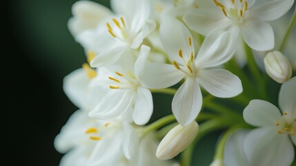 Close up view of lovely white flowers with soft petals adorned with bright yellow stamens, creating a sense of tranquility in their lush green surroundings