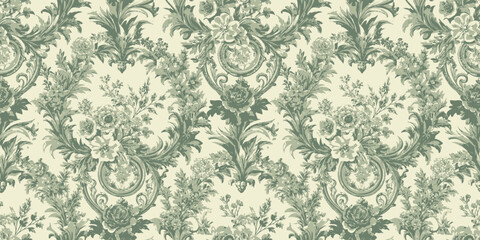 Fototapeta premium Elegant vintage floral wallpaper pattern in soft green tones.