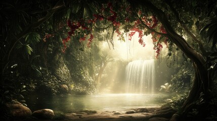 Spring forest stream cascading over smooth rocks, framed by lush greenery and blooming wildflowers. Panoramic scene.