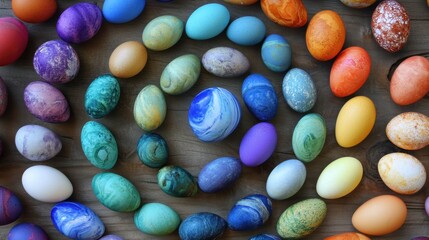 Fototapeta premium Colorful Painted Eggs Arranged in Artistic Spiral on Wooden Background