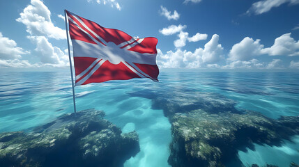 Fototapeta premium Ocean Flag 3D Render: A Red and White Banner Over Clear Water