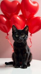  one kitten sitting on white table with many red heart-shaped balloons in the background concept of love, Valentine's Day, pet care