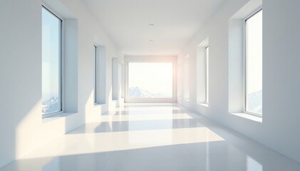 Long white corridor with large windows open to a bright day, sunny, minimalist decor