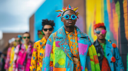 Obraz premium Inclusive Fashion – Models of All Sizes and Ethnicities Walking Down a Vibrant Urban Runway