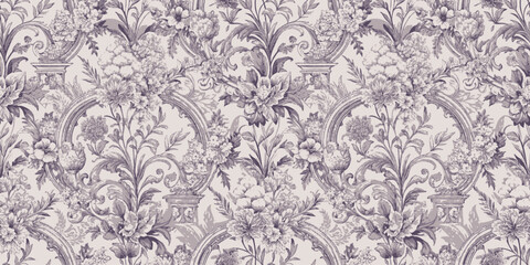 Elegant vintage floral wallpaper in shades of purple and cream.