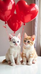 two kittens sitting on white table with many red heart-shaped balloons in the background concept of love, Valentine's Day, pet care