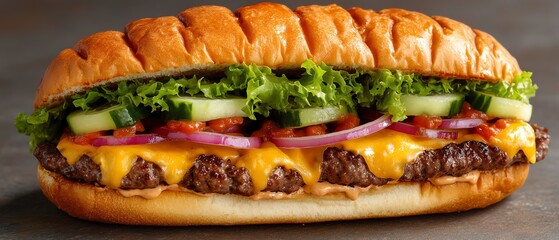 A delicious cheeseburger with melted cheese, fresh onions, crisp lettuce, tomatoes, cucumbers, and savory sauce, served on a toasted bun