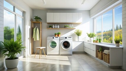 Minimalist White Laundry Room, Sunlit Design, AI Photography