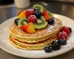 A delicious stack of pancakes on a plate, topped with mixed berries, kiwi slices, and a dusting of powdered sugar for a vibrant breakfast dish