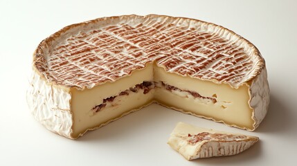 A round cheese with a rind and a slice cut out, revealing a layer of red and white cheese inside.