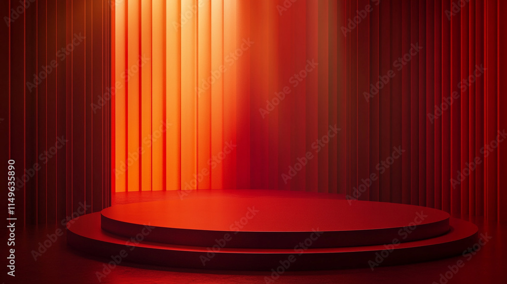 Poster unique red stage design with illuminated backdrop for performances or events.
