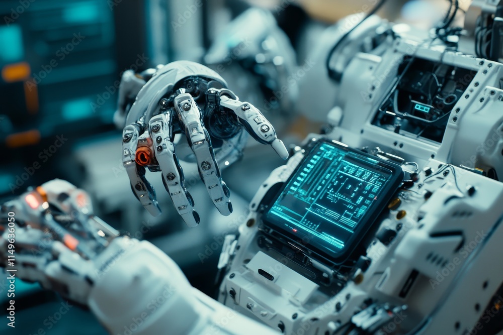 Aufkleber futuristic laboratory with robotic control systems and advanced digital technology in sci fi style