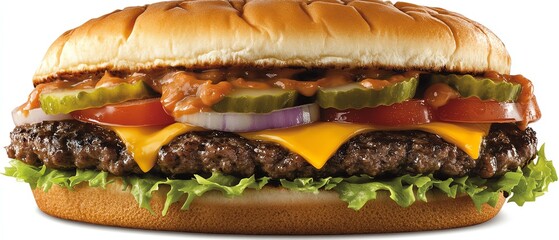 A hearty cheeseburger with gooey cheese, onions, lettuce, tomatoes, cucumbers, and sauce, served in a soft toasted bun