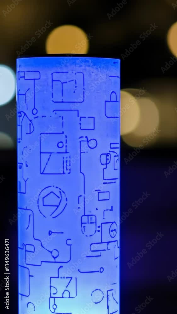 Aufkleber illuminated blue abstract structure with geometric patterns against a blurred background at night