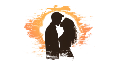 A romantic sunset silhouette of a couple kissing, isolated on transparent 