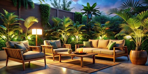 Modern Outdoor Lounge Silhouette with Wooden Furniture & Palm Trees