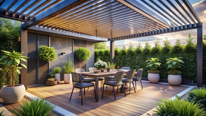 Fototapeta premium Modern Patio Under Pergola, Stylish Dining