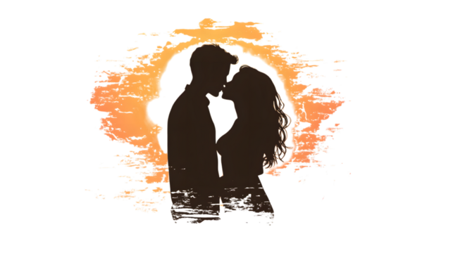 A romantic sunset silhouette of a couple kissing, isolated on transparent 