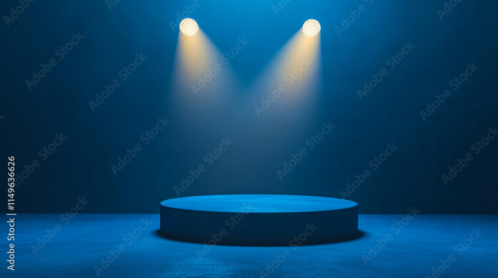 Aufkleber spotlit circular stage in an empty performance space with blue lighting.