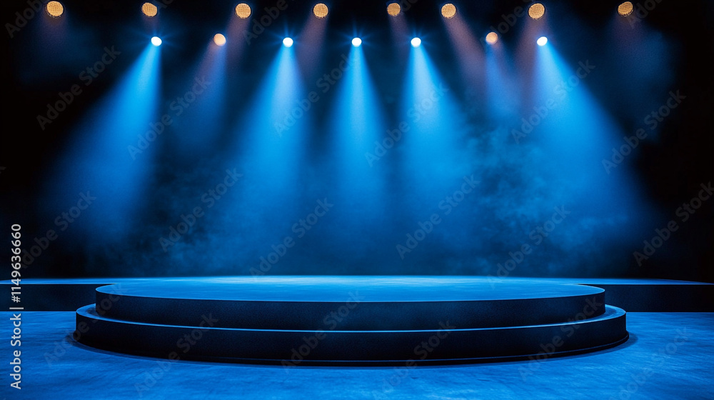 Poster illuminated performance stage with blue lights and circular platform.