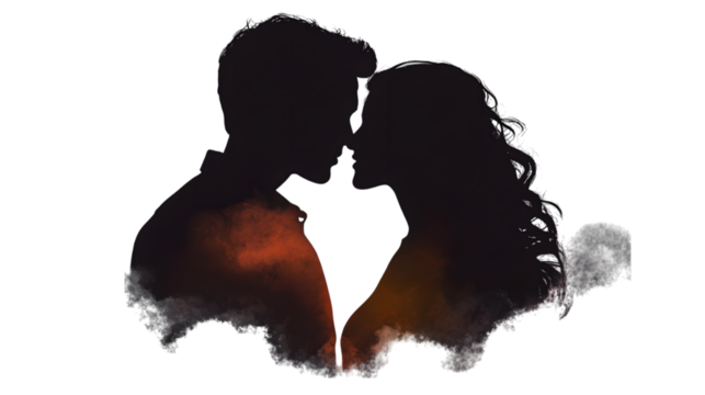 A romantic sunset silhouette of a couple kissing, isolated on transparent