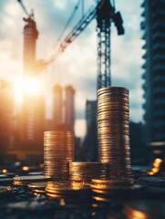 A close-up of stacked coins with a construction site backdrop, highlighting the connection between finance and development.