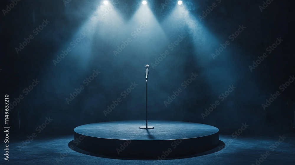 Poster spotlight shines on microphone in an empty performance venue during evening hours.
