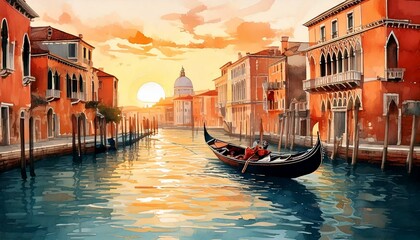 Obraz premium Watercolor gondola drifting through Venetian canals at sunrise