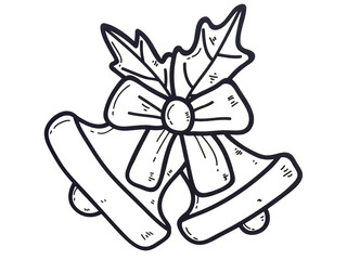 Illustration black and white of christmas bell with ribbon and mistletoe. Bells with shading isolated on white background.