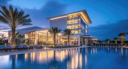 Fototapeta premium 3d rendering of modern house by the river at evening.