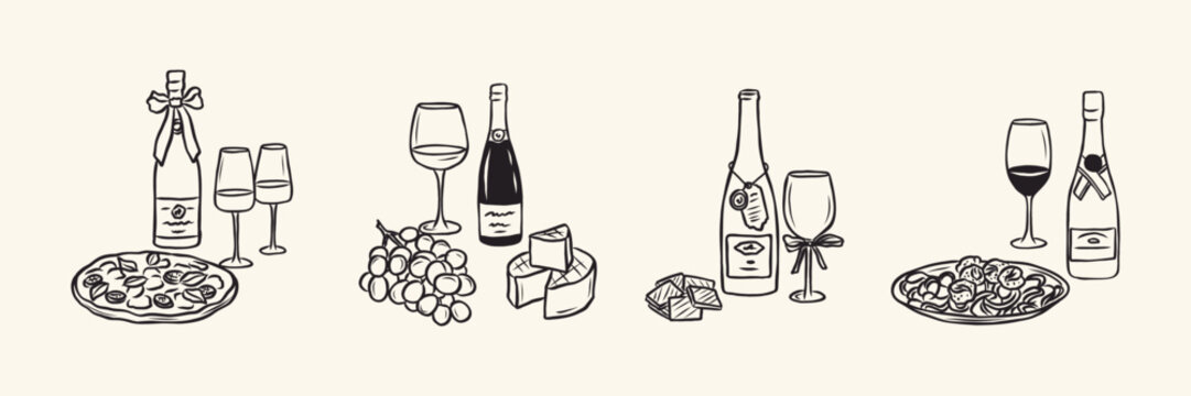 Hand drawn wine and food compositions