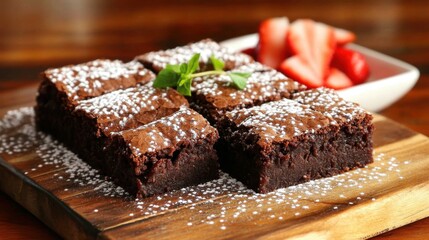 Rich Chocolate Brownies on Wooden Board with Fresh Strawberries