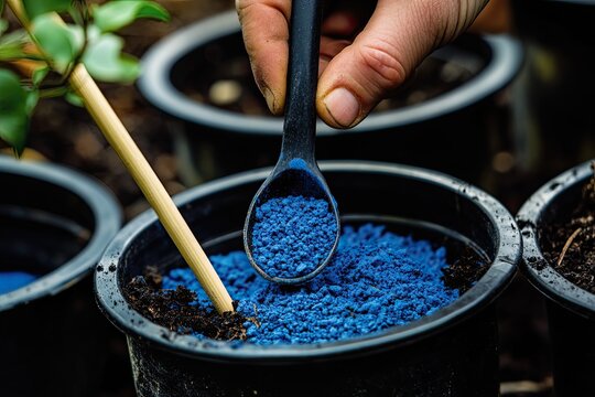 Cropped shot view of gardener holding a tablespoon of organic fertilizer in hand before applying to plants.